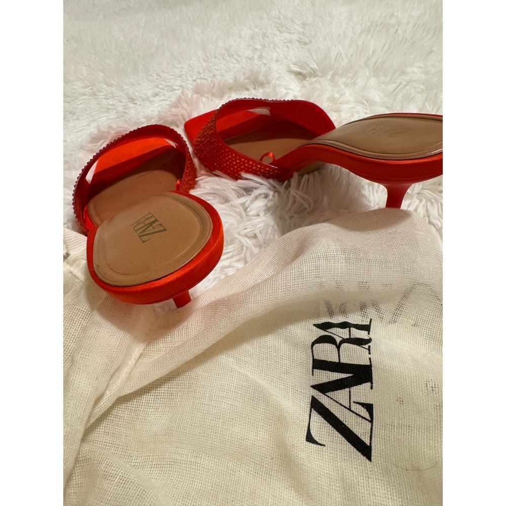Zara Orange Satin Rhinestone Heeled Sandals Square Toe Mules Kitten Heel - Picture 2 of 4